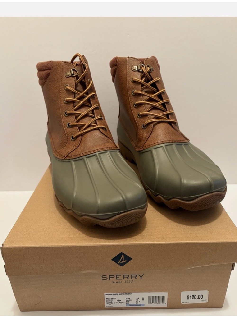 Sperry Men's Avenue Duck Boots in the tan and olive colorway 11M